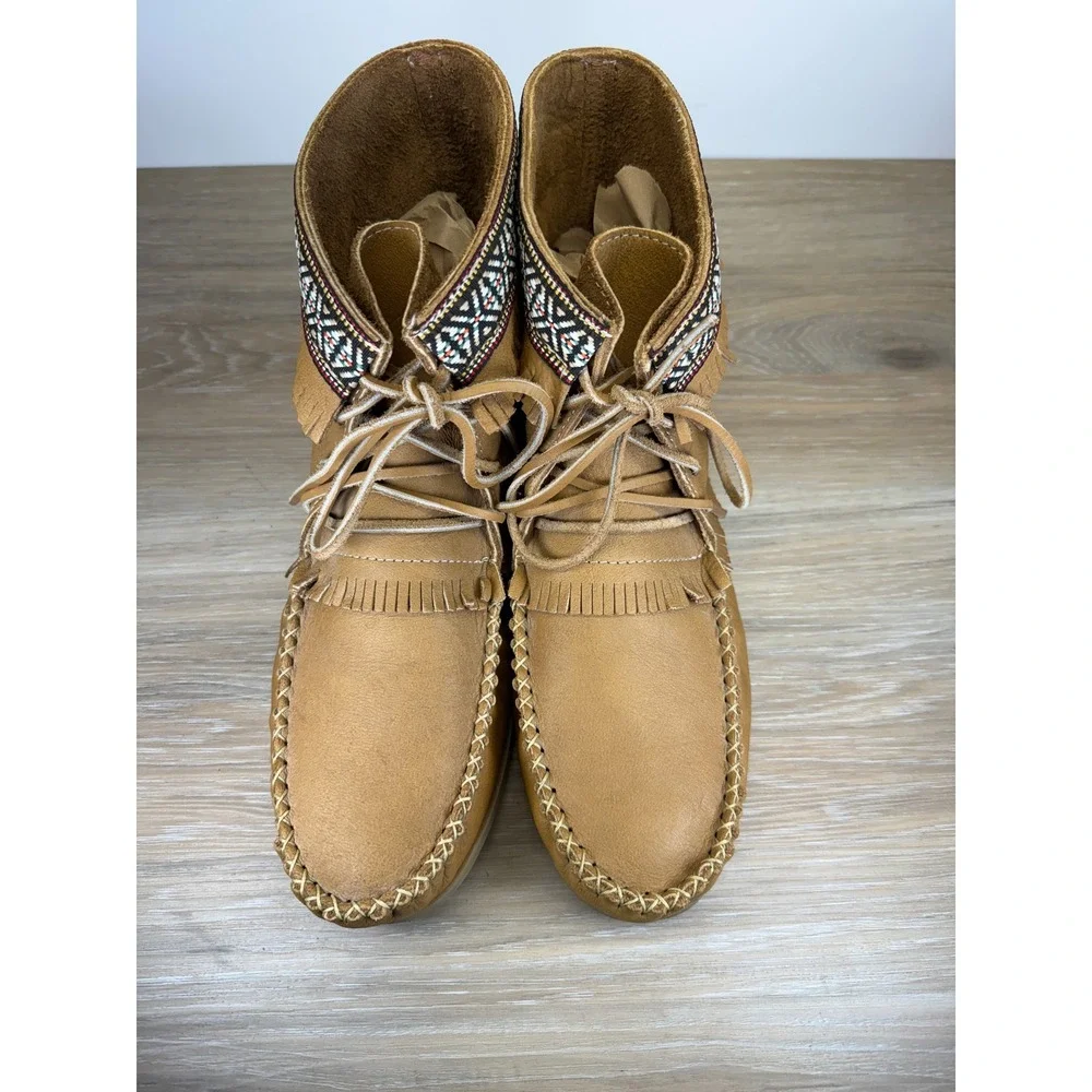 Laurentian Chief 12 Tan Genuine Moose Hide Leather Fringed Moccasin Ankle Boots